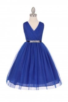 Royal Blue Tulle V-Neck with Removable Rhinestone Grossgrain Tape Sash Flower Girl Dress
